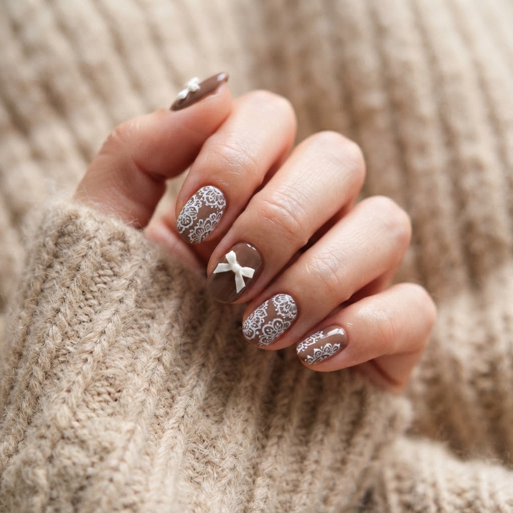 Elegant chocolate brown coquette nails with delicate bow and lace details.