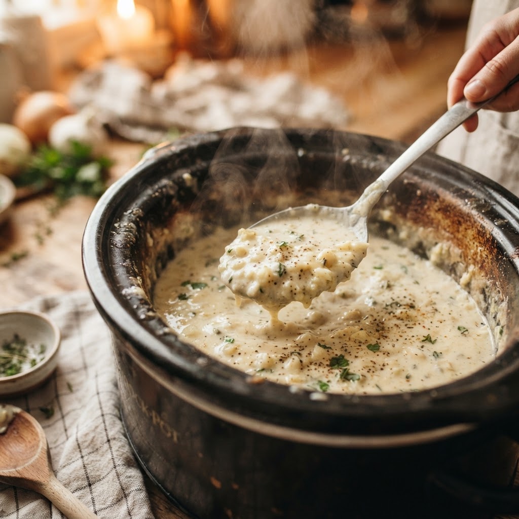 Serving a generous helping of creamy garlic sauce over the pork.
