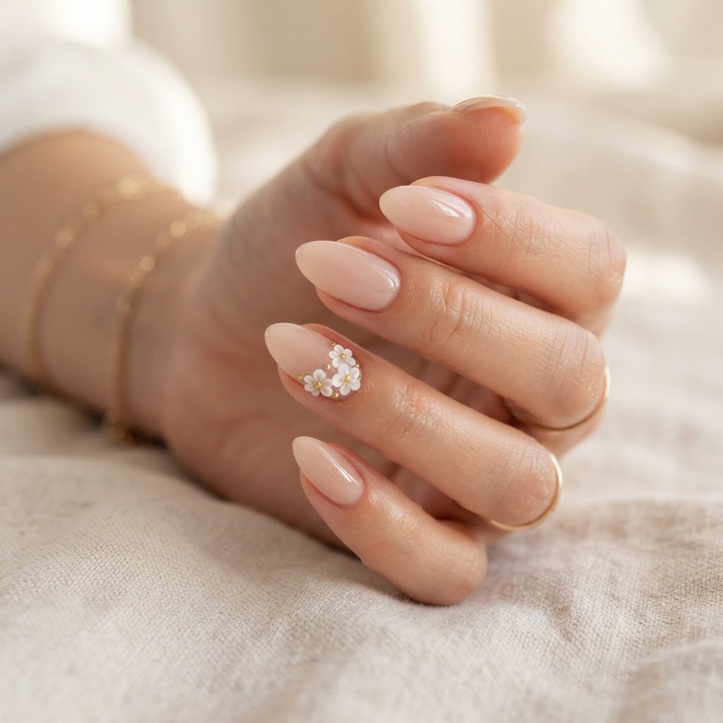 Elegant nude almond nails with delicate 3D flower accents.
