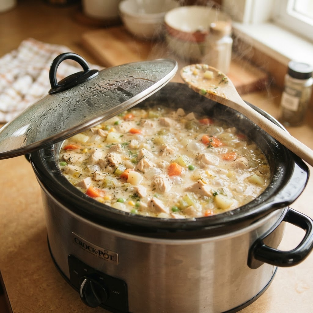 The slow cooker process showing fresh vegetables and chicken.