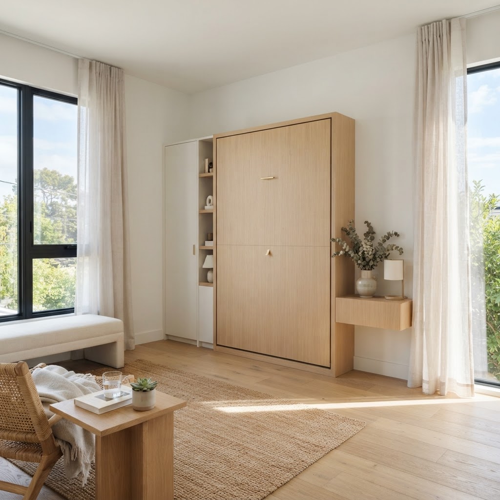 A versatile room design using a Murphy bed to save space.