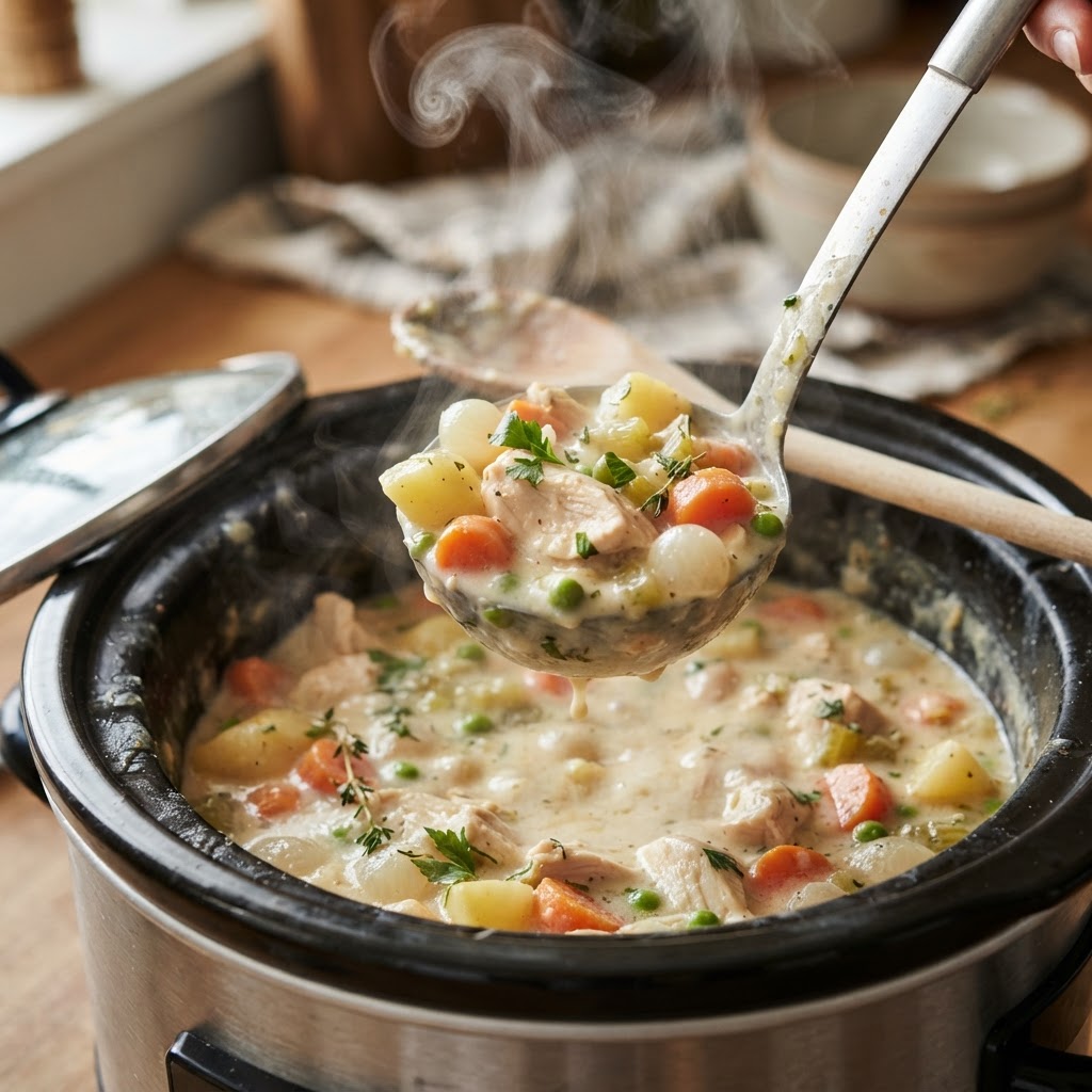 The perfect texture of a slow-cooked chicken vegetable stew.