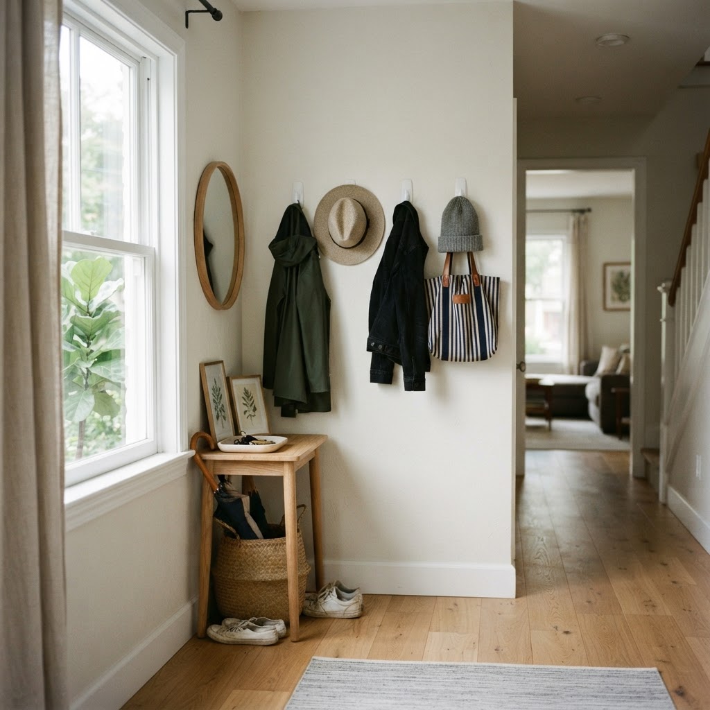 Using adhesive hooks creates a clean and functional drop zone for your entryway.