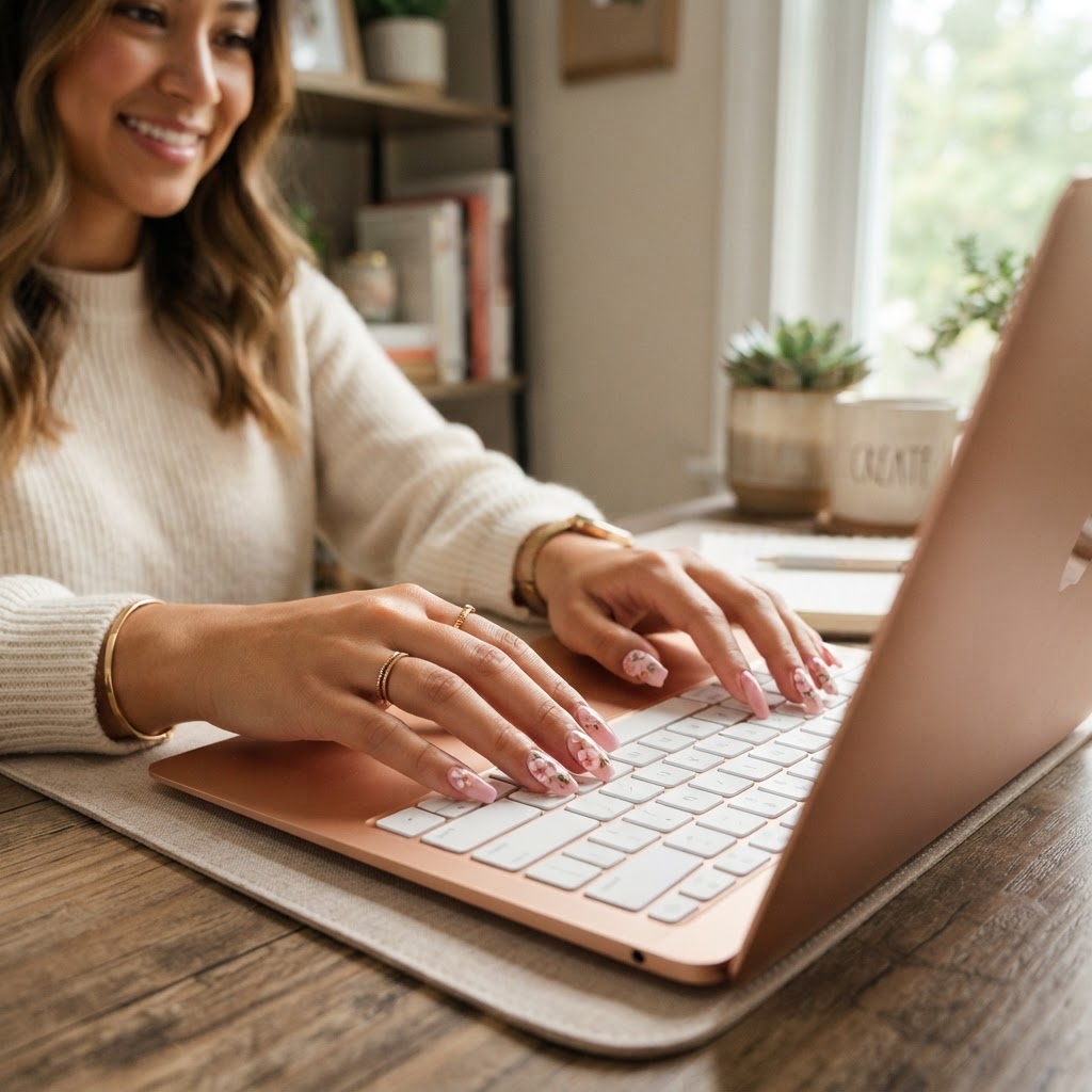Floral press-ons are perfect for everyday office wear and durability.