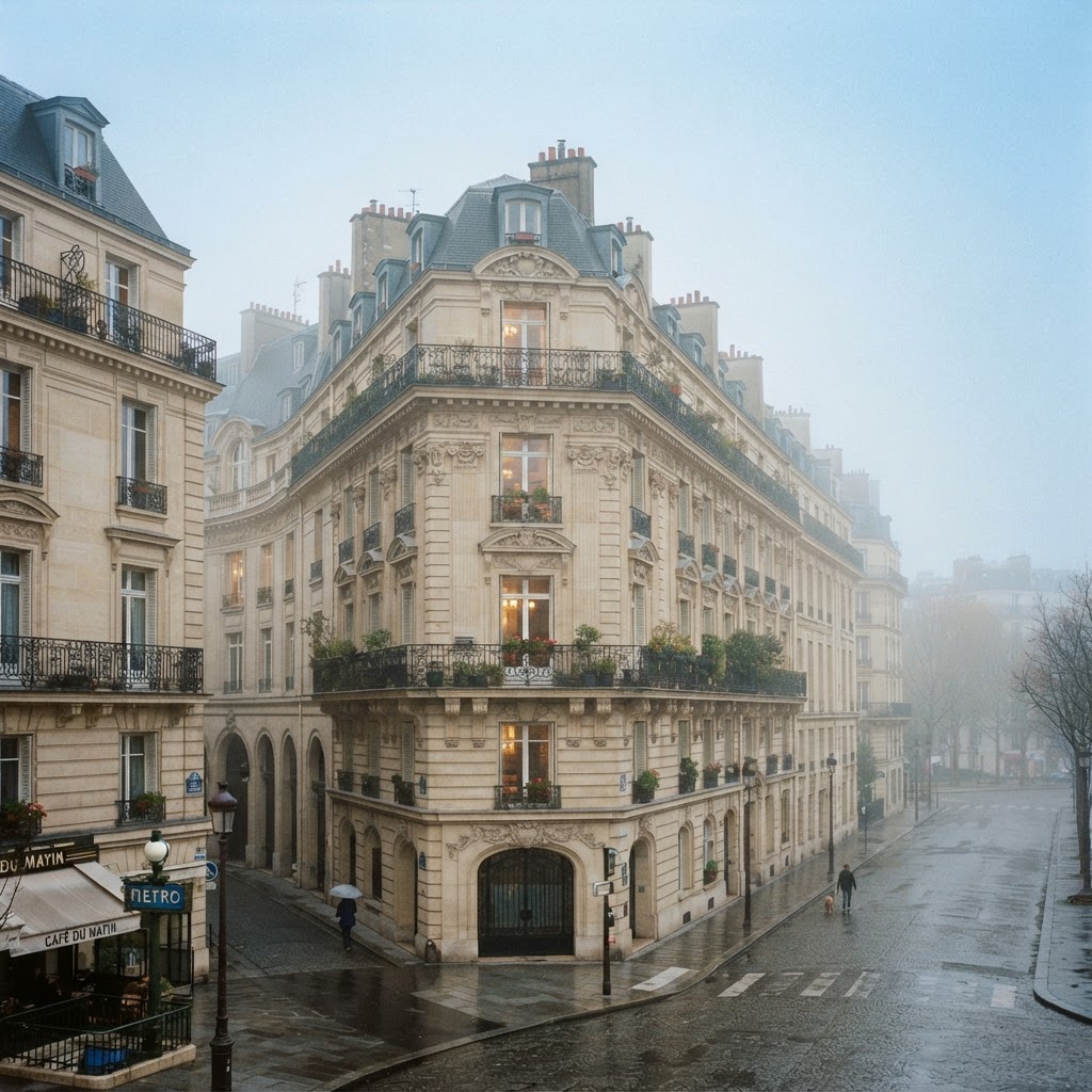 The iconic Haussmann architecture bathed in soft morning light.