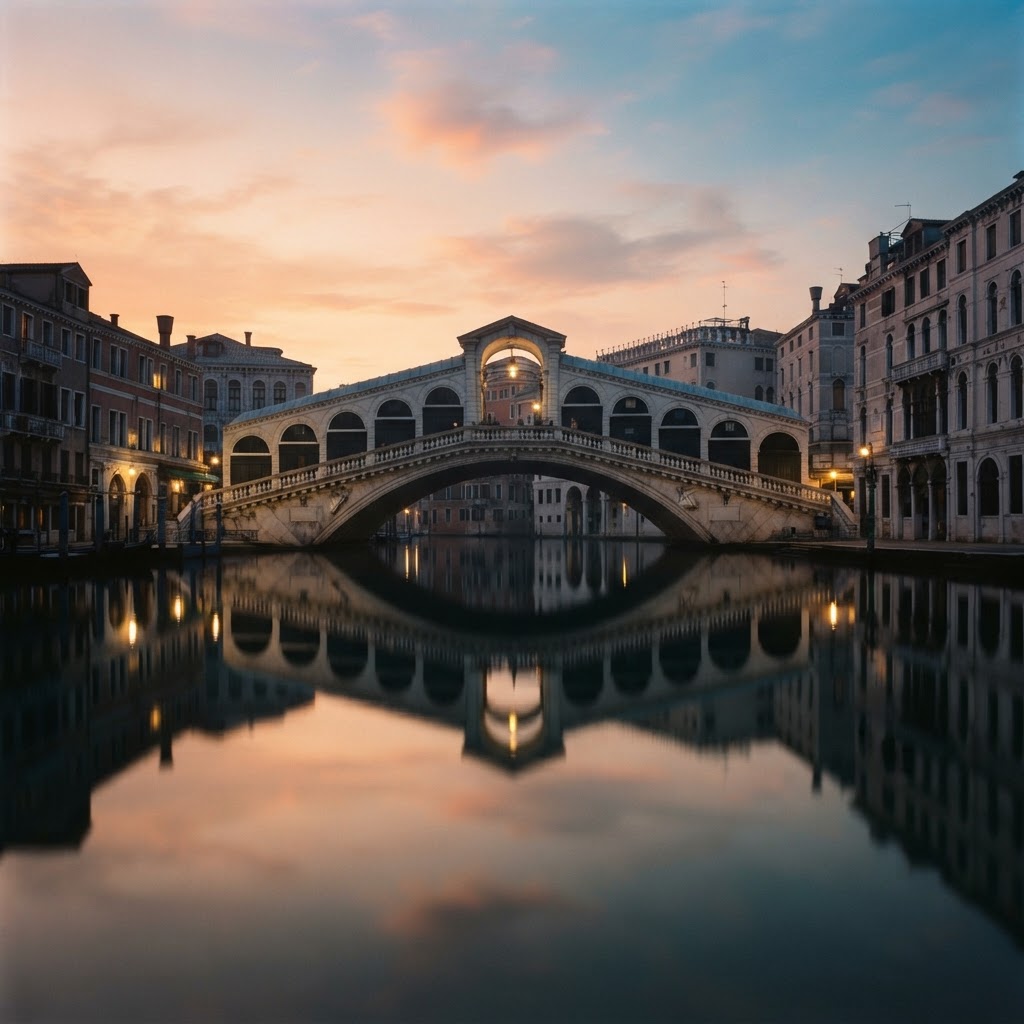 The serene and still waters of the Grand Canal at sunrise.