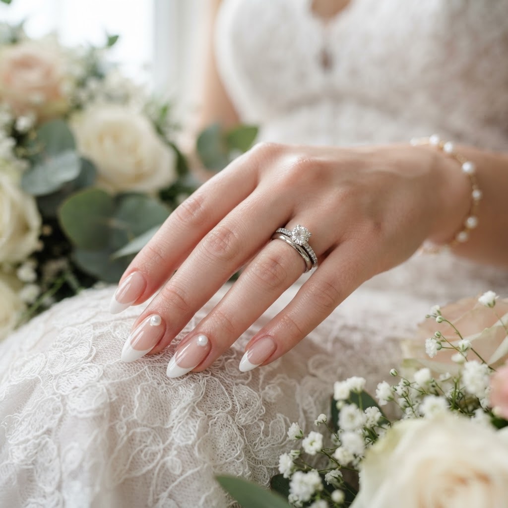 Elegant almond-shaped nails with pearl accents are perfect for a timeless bridal look.