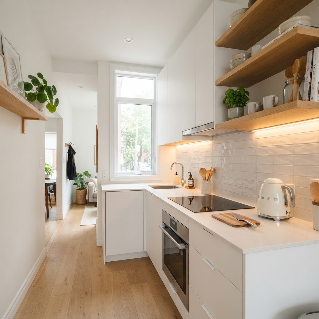 Maximize vertical space with open shelving.