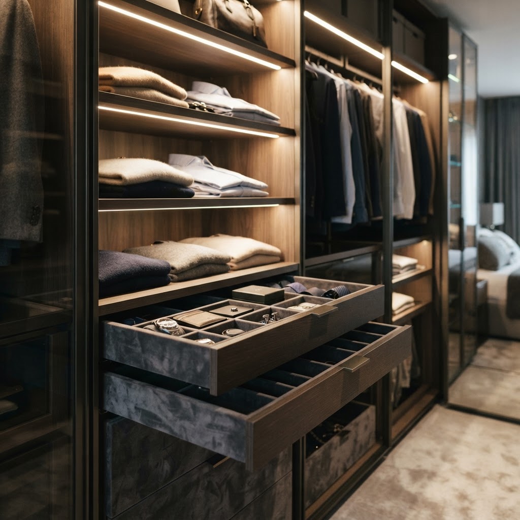 Smart lighting improves visibility in closet interiors.