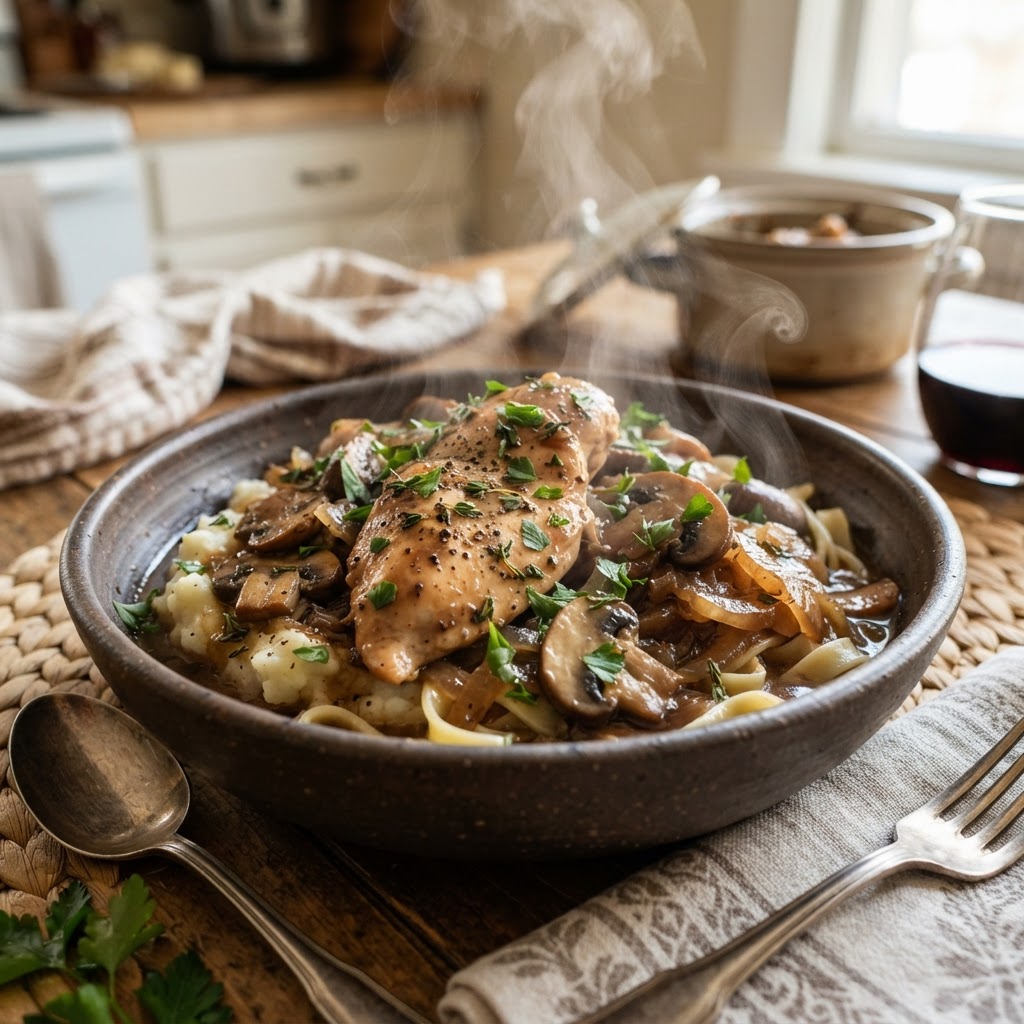 The finished slow cooker chicken Marsala ready to be served for a family dinner.