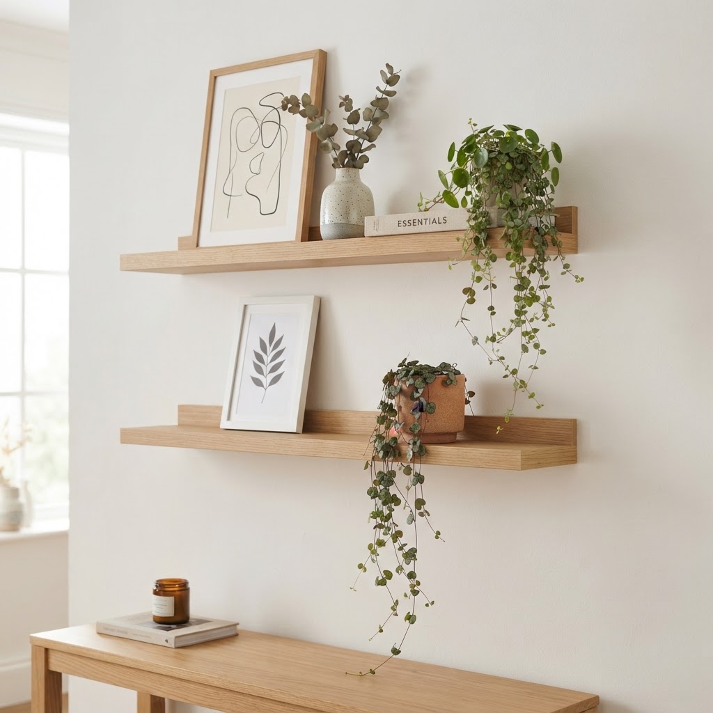 Floating shelves keep surfaces clear while providing space for decor.