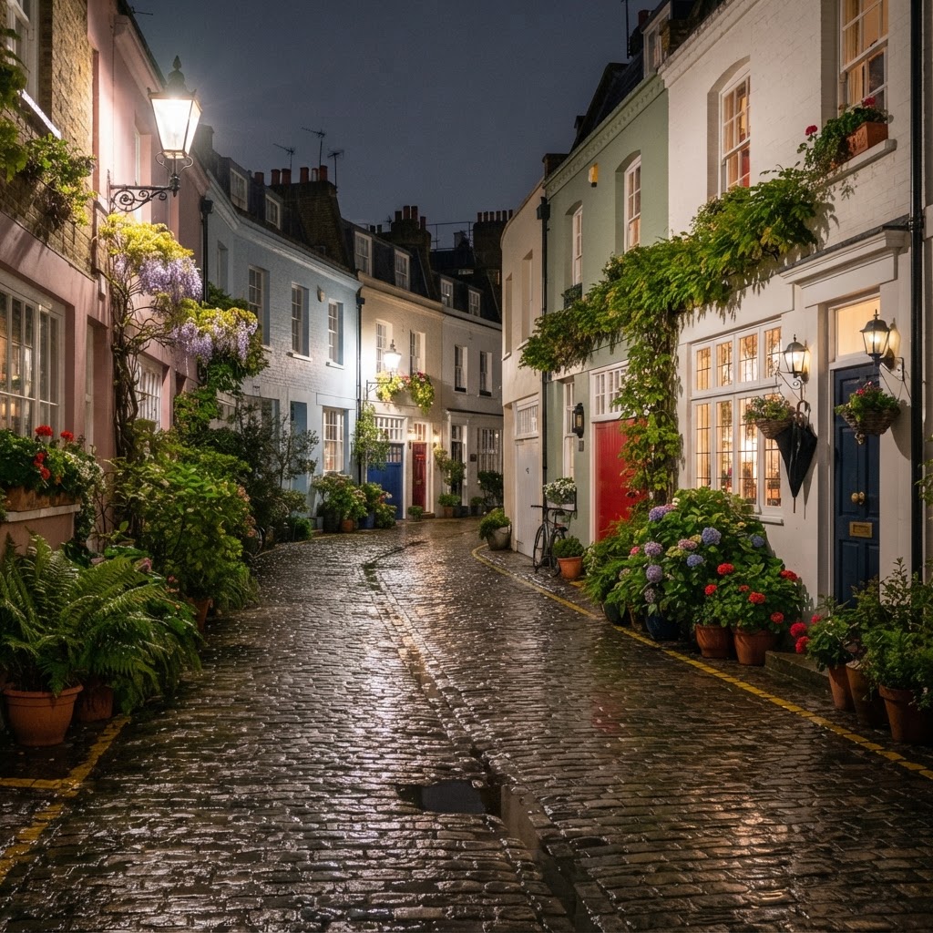 Wet cobblestones add a magical, reflective quality to London's quiet mews.