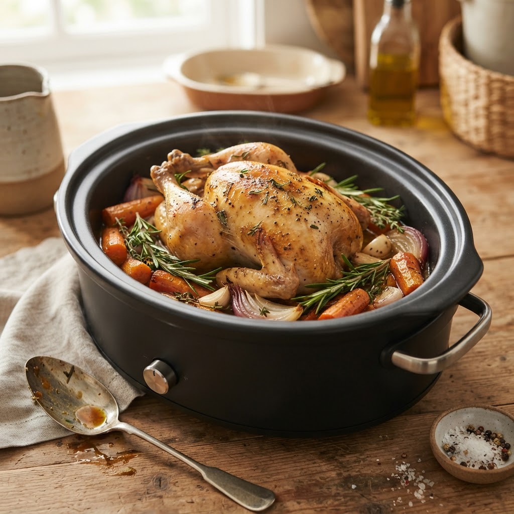 Perfectly cooked whole chicken straight from the slow cooker.
