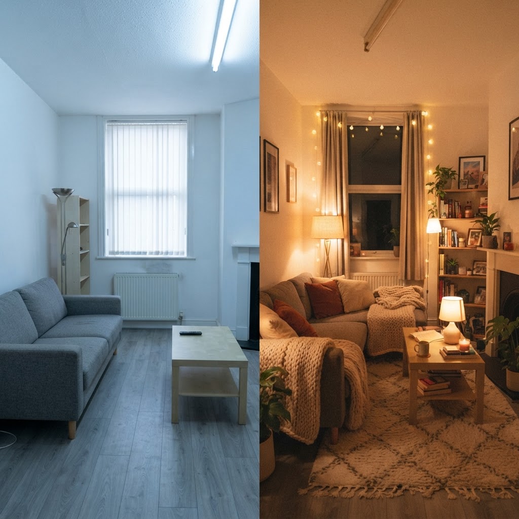 The transformative power of warm lighting versus harsh overhead lights.