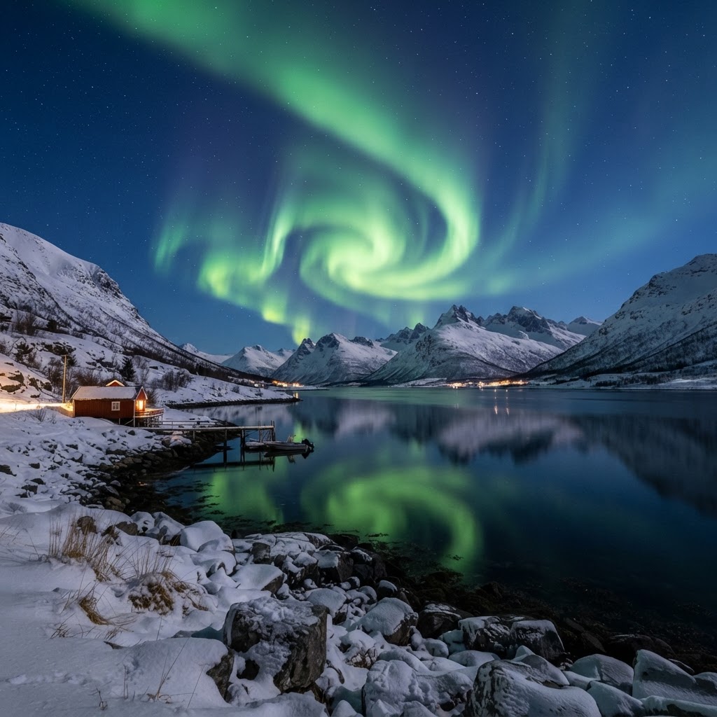 The Northern Lights illuminating the sky above a frozen Norwegian fjord.
