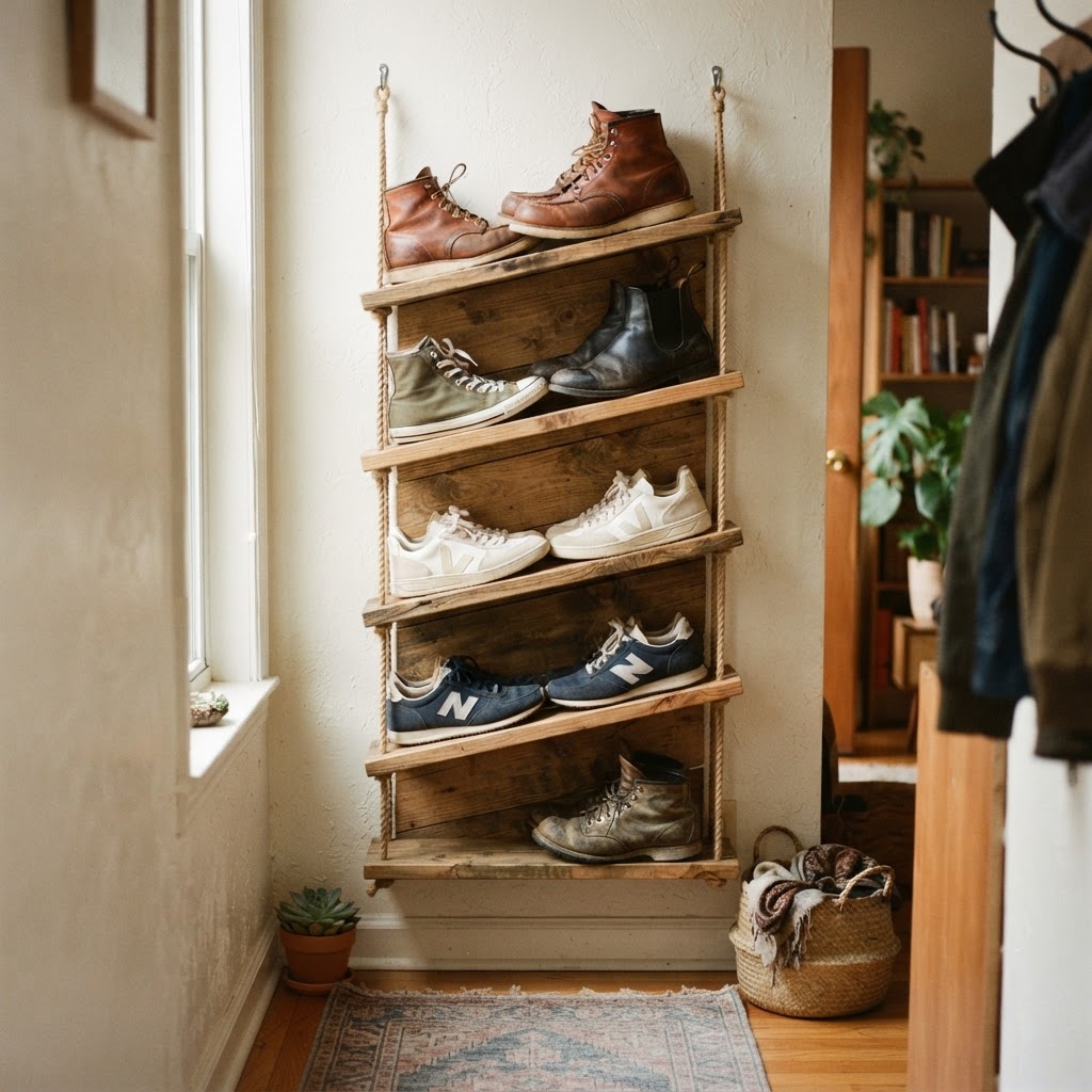 Vertical storage makes the most of narrow walls.