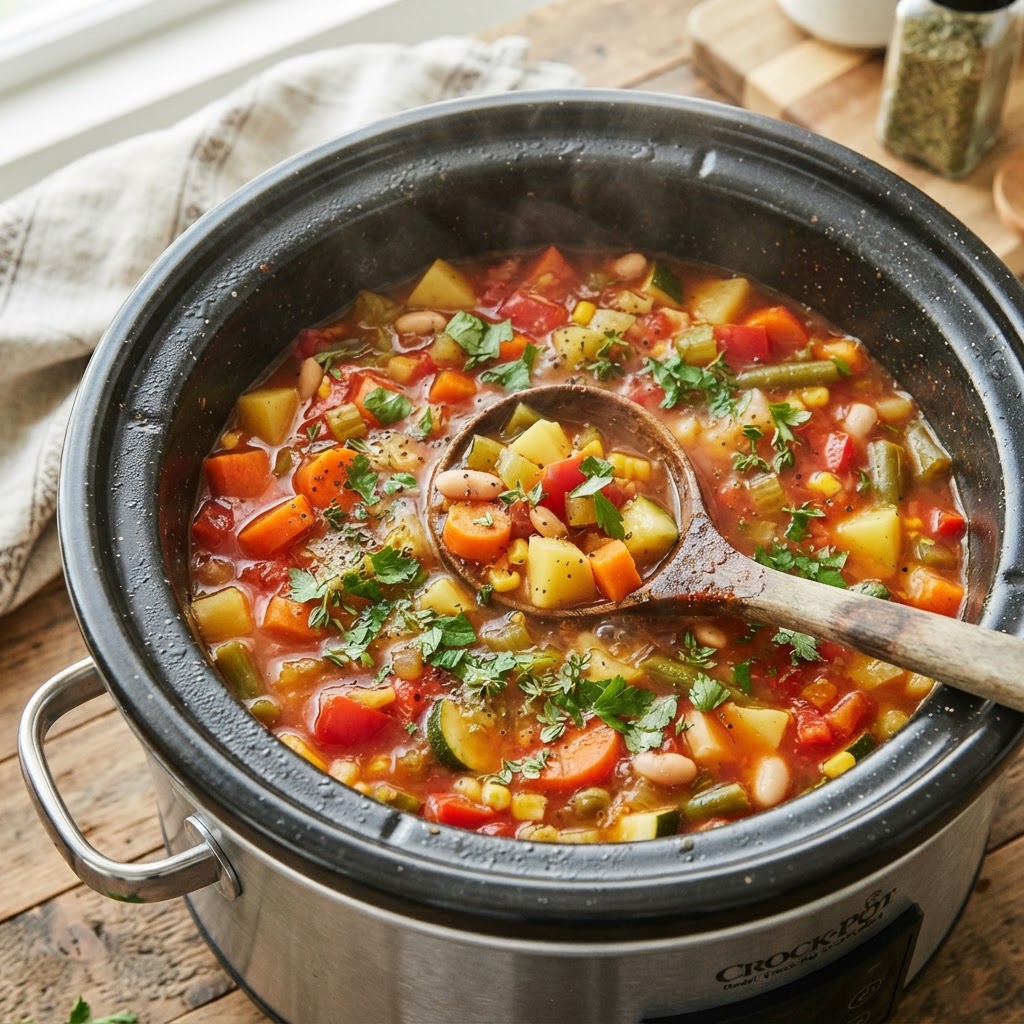 Fresh ingredients simmering in a slow cooker.
