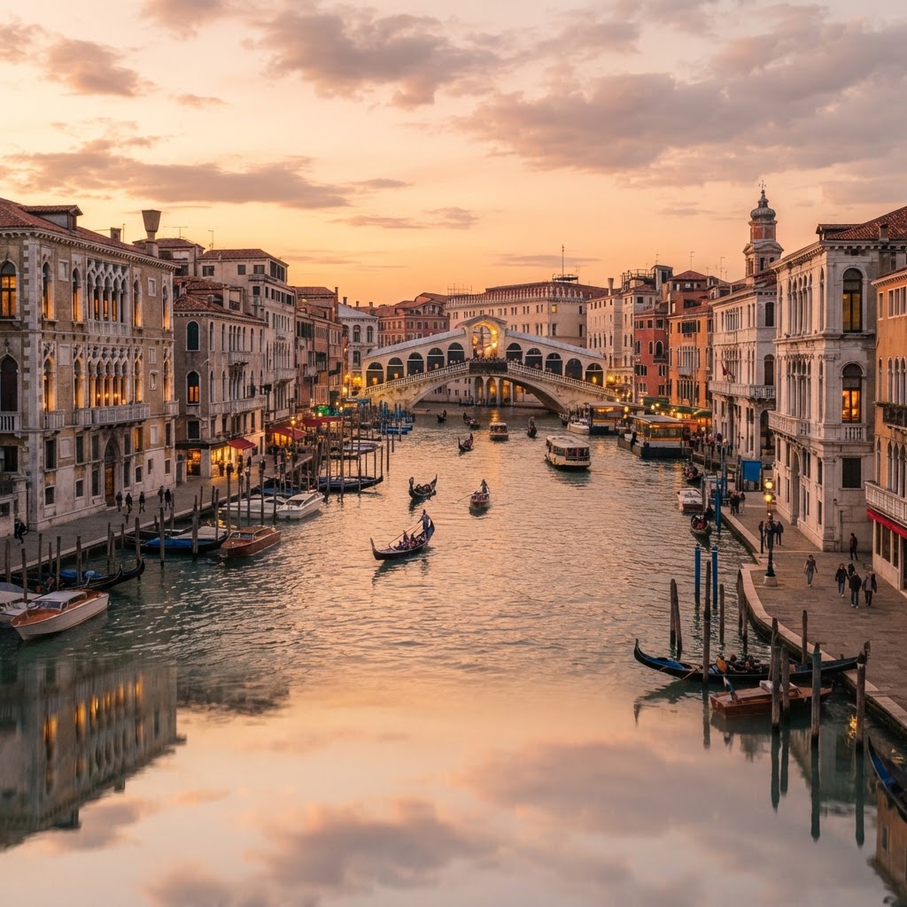 The iconic Grand Canal at sunset, showing the timeless beauty of Venice canals.