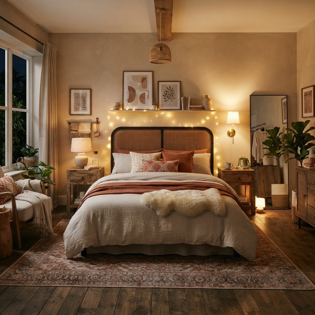 Sconces and warm accents create a luxury aesthetic.