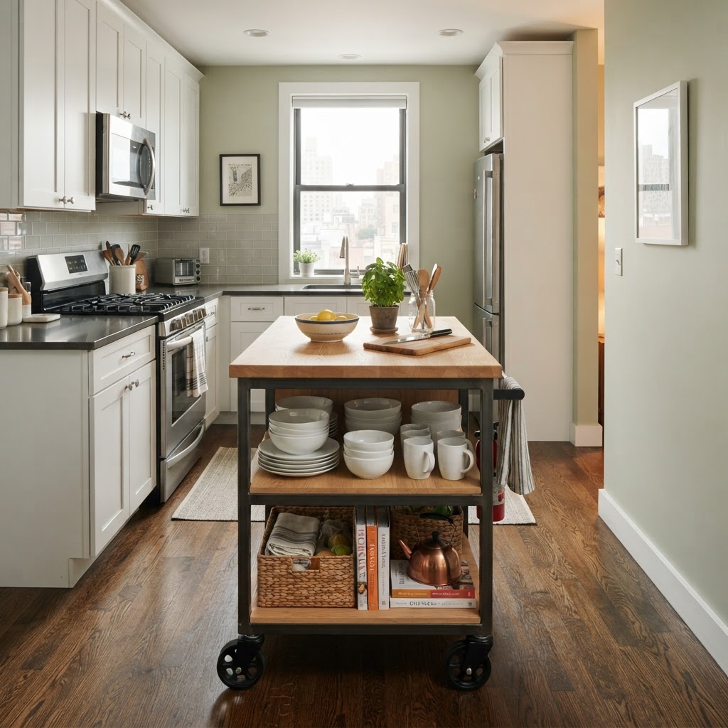 A mobile island is the ultimate space-saving tool for small apartment kitchens.