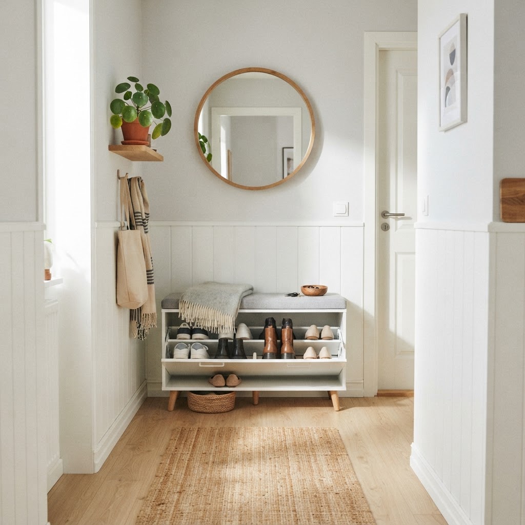 Scandinavian design bench with efficient shoe storage.