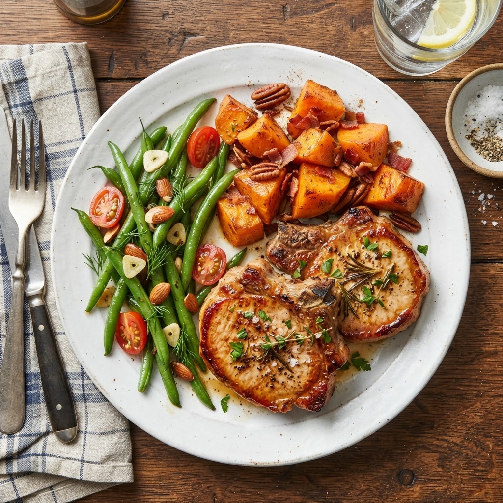 A balanced and healthy dinner featuring slow-cooked pork.