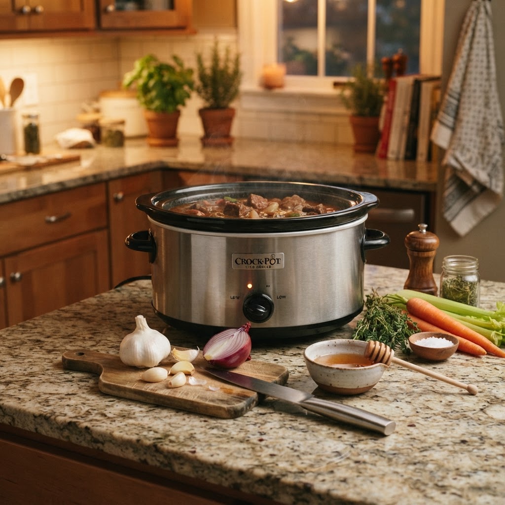Fresh ingredients prepared for an easy slow cooker pork dinner.