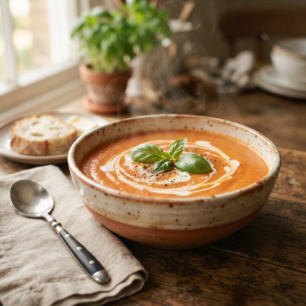 A bowl of creamy, homemade slow cooker tomato basil soup ready to serve.