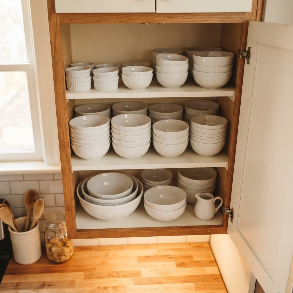 Use tiered shelves to double your storage capacity in tight cabinets.