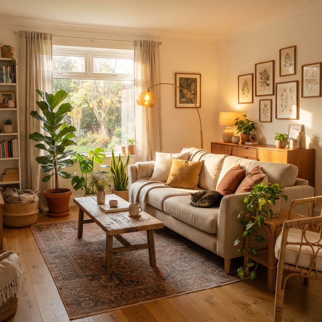 A harmonious blend of warm lights and greenery in a modern cozy living room.