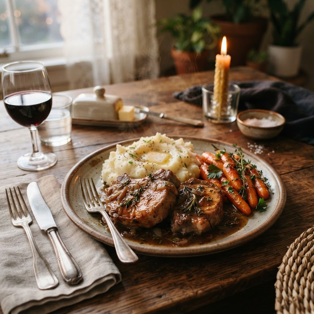 A cozy, complete dinner featuring slow cooked pork chops.