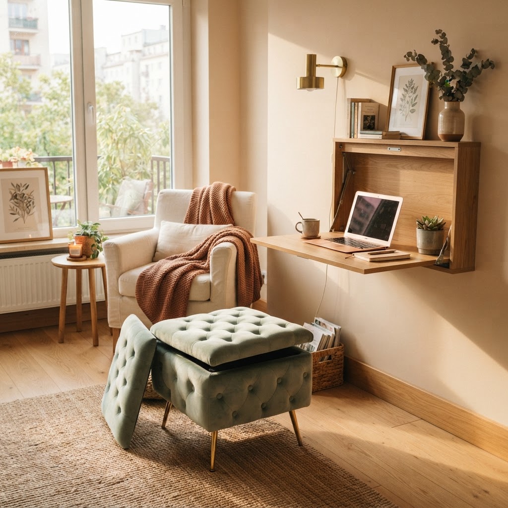 Hidden storage ottomans are perfect for decluttering tiny spaces.