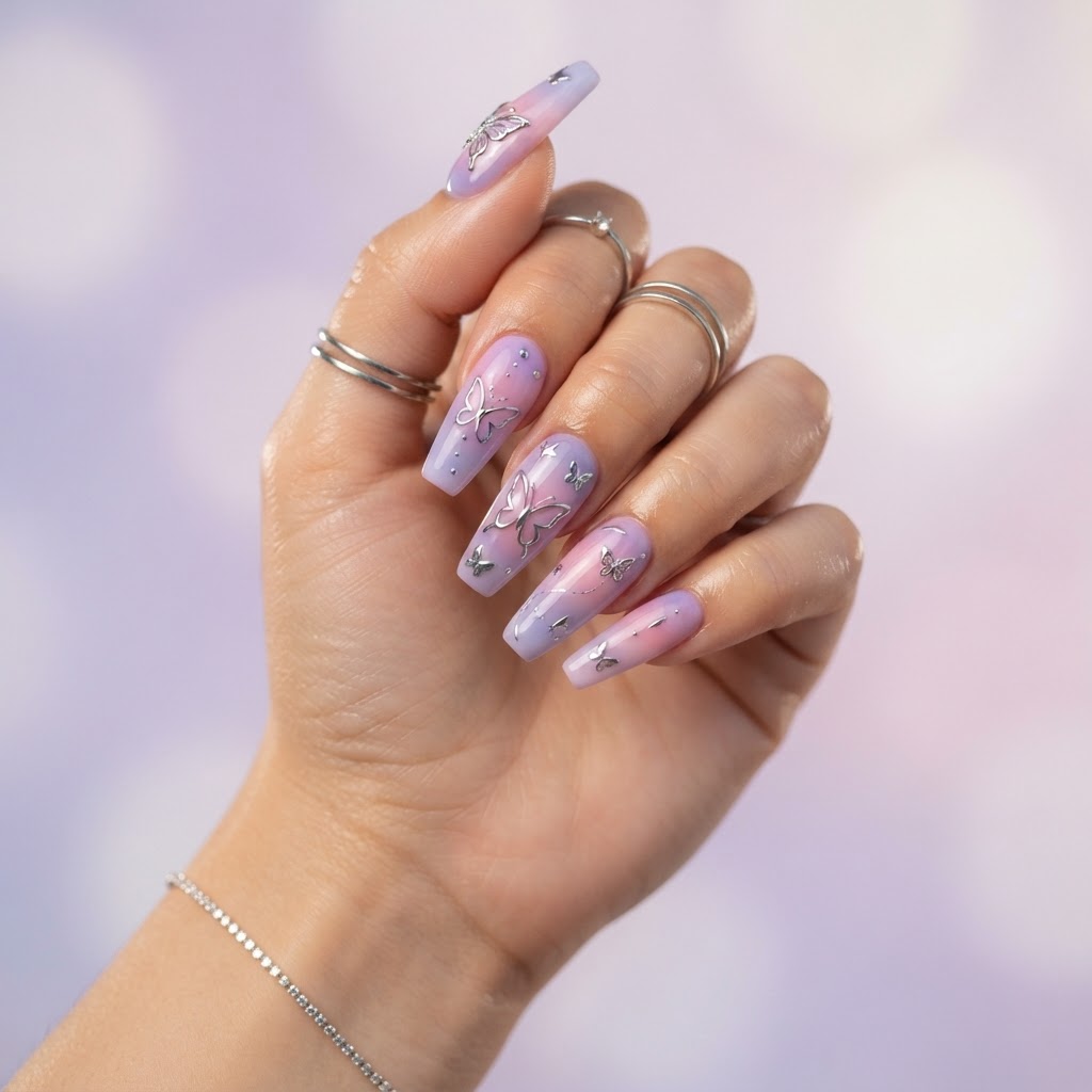 Long coffin nails featuring a dreamy gradient and chrome accents.