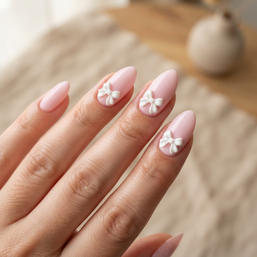 Trending almond shape press-on nails with delicate 3d bow charms.