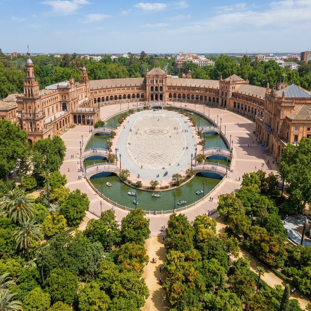 A birds-eye view of the stunning Plaza de España surrounded by greenery.