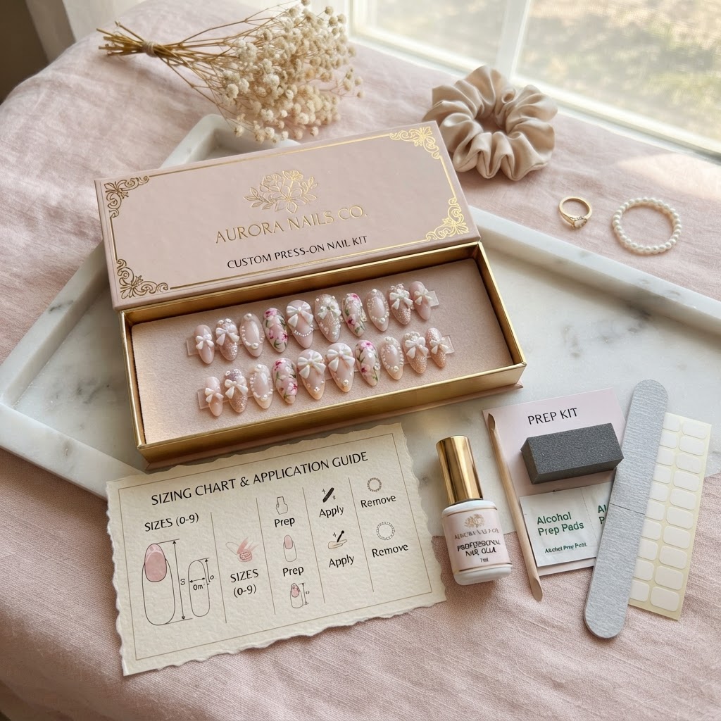 A complete custom press-on nail kit ready for professional application.