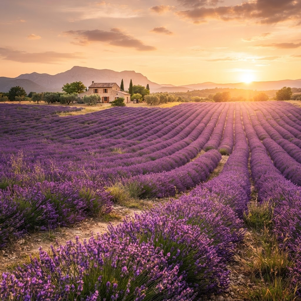 The iconic golden hour light hitting the lavender fields of Provence.