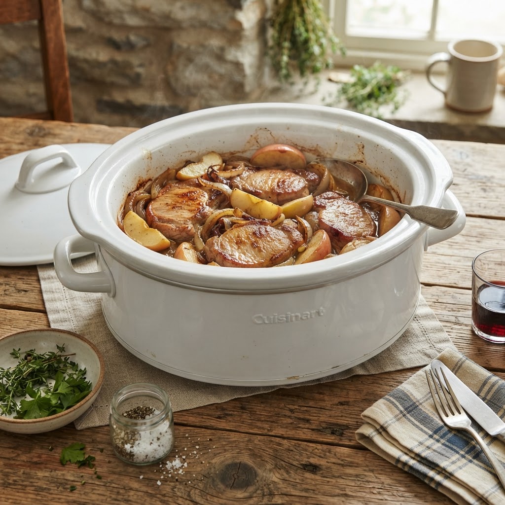 Slow cooker pork chops and apples simmering to perfection.