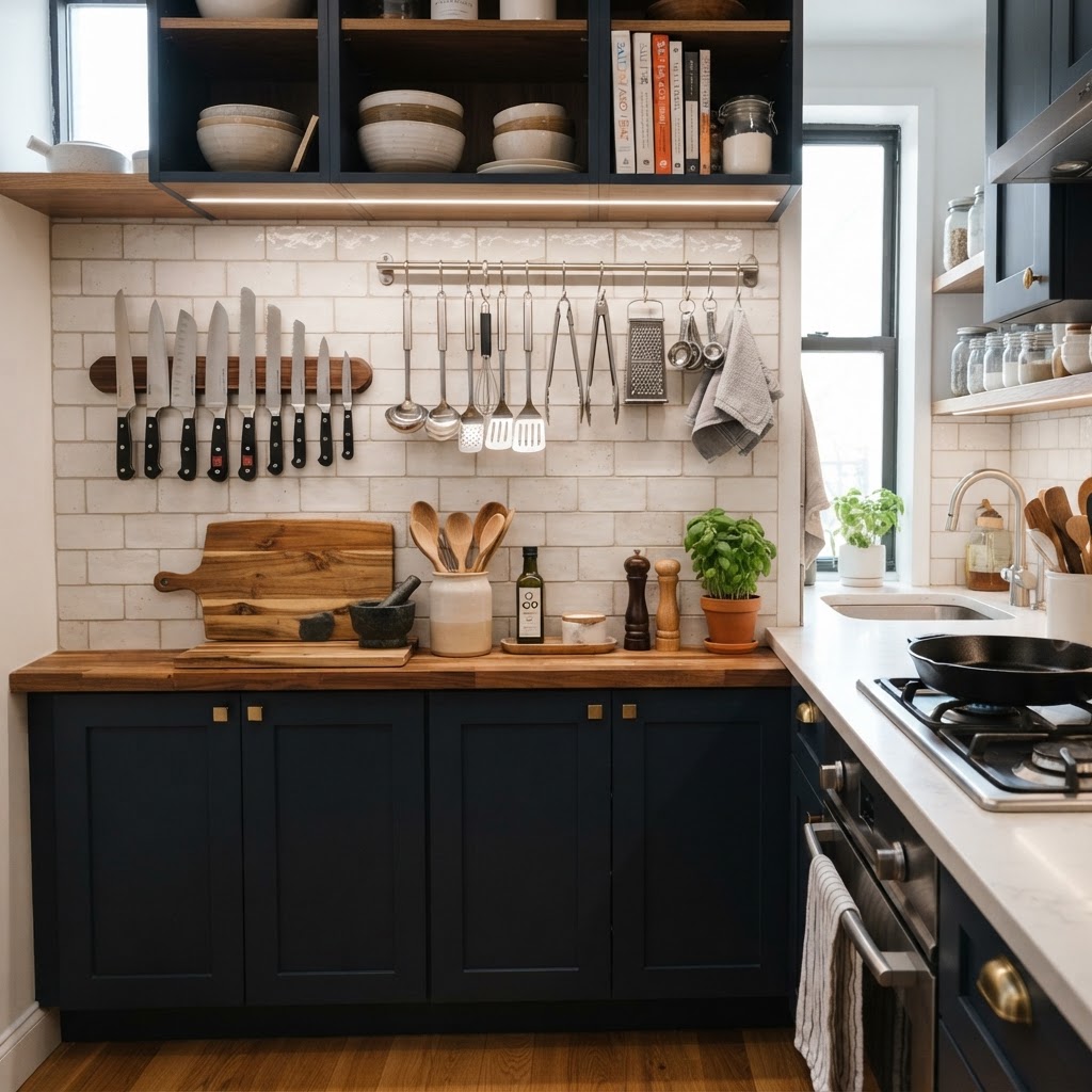 Wall-mounted storage can clear up valuable counter space.