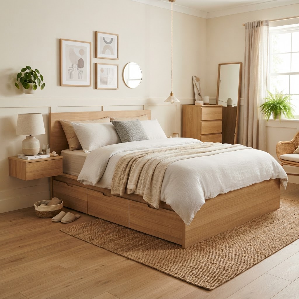 Platform beds with drawers optimize small room layouts.