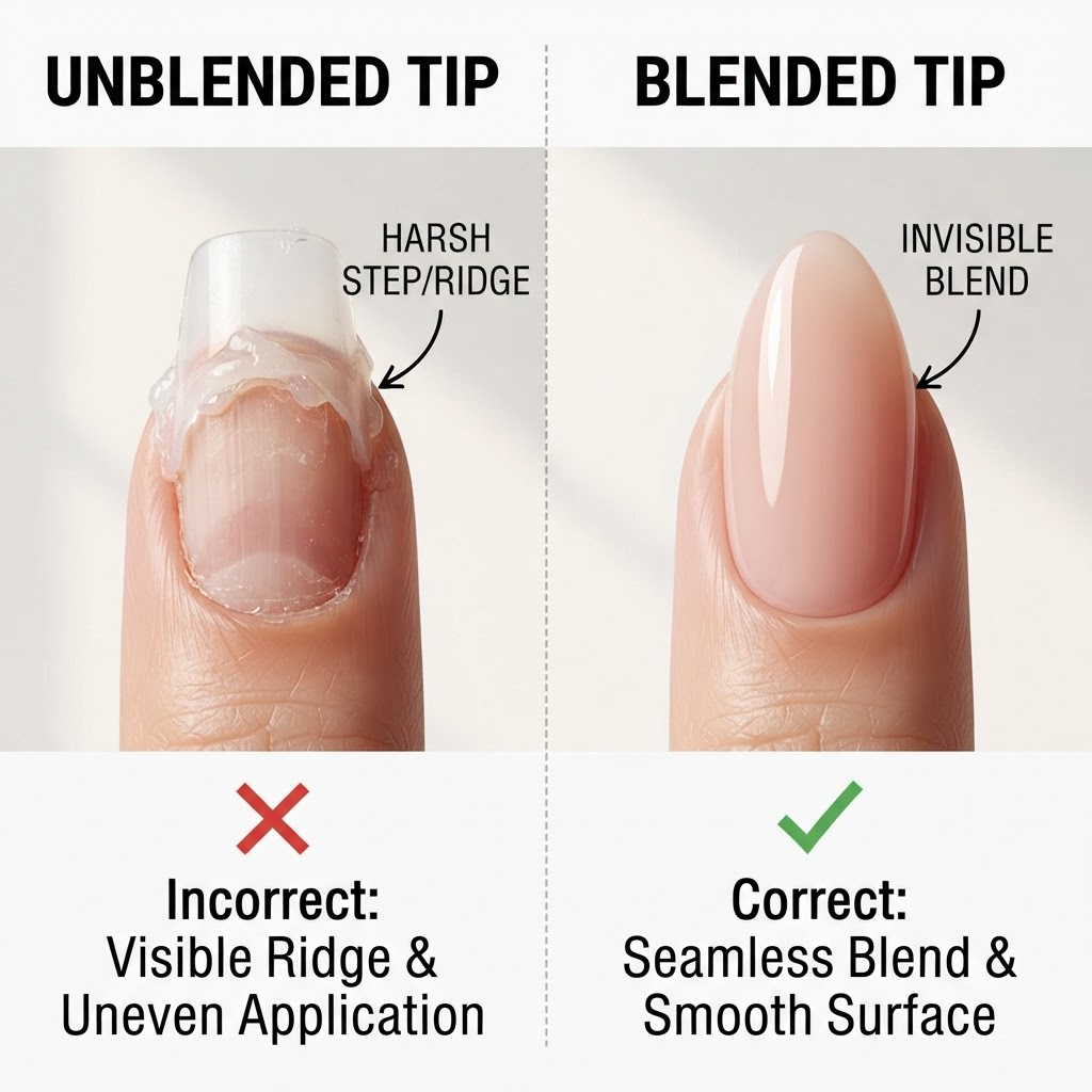 A visual comparison of an unblended nail tip versus a professional-level blend.