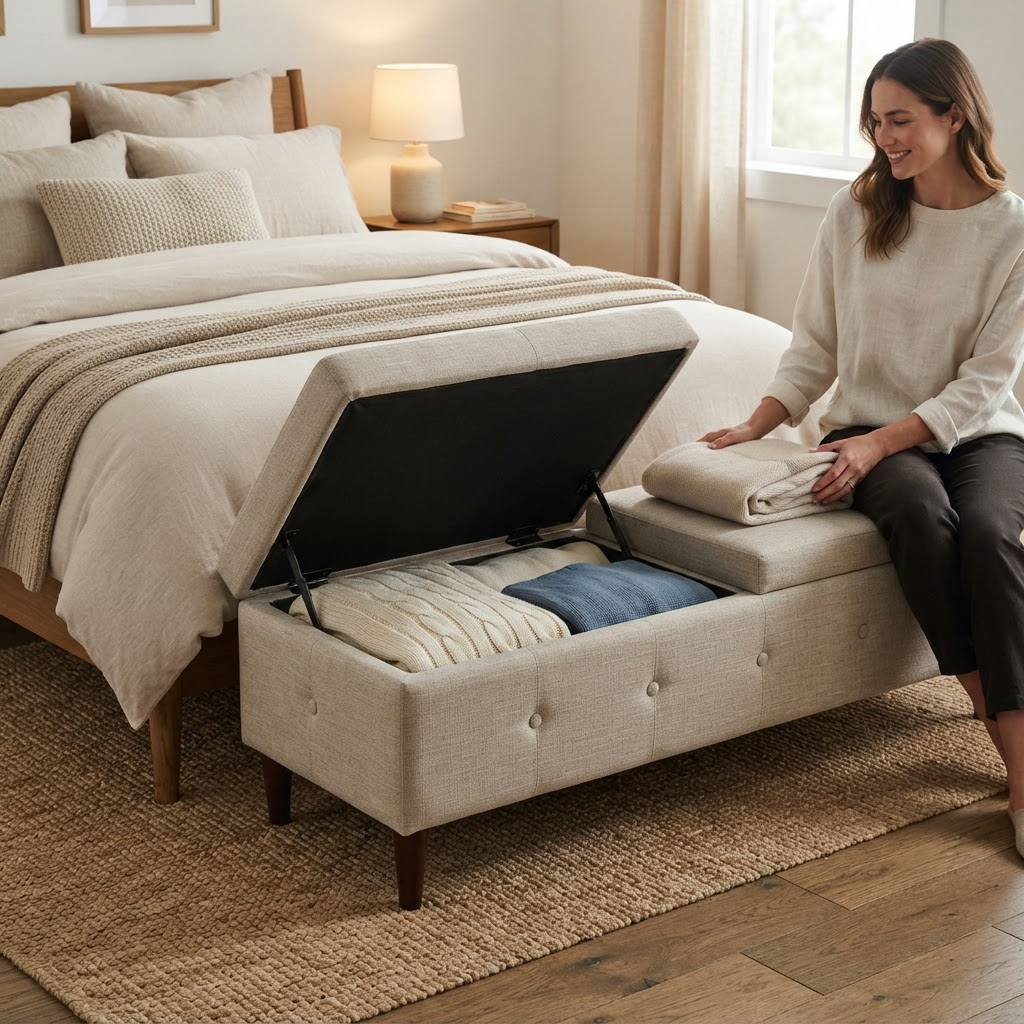 Multi-functional ottomans provide both comfort and hidden utility.