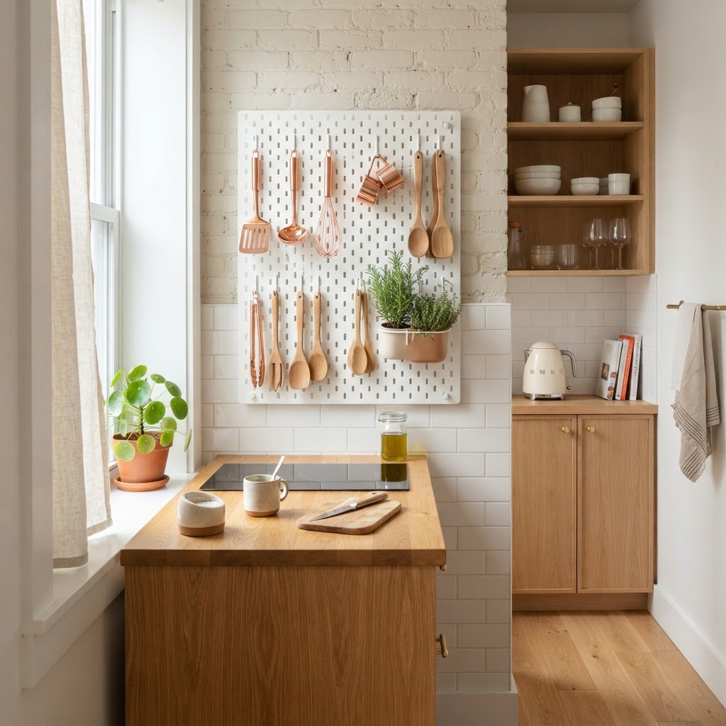 Utilizing vertical wall space with a pegboard.