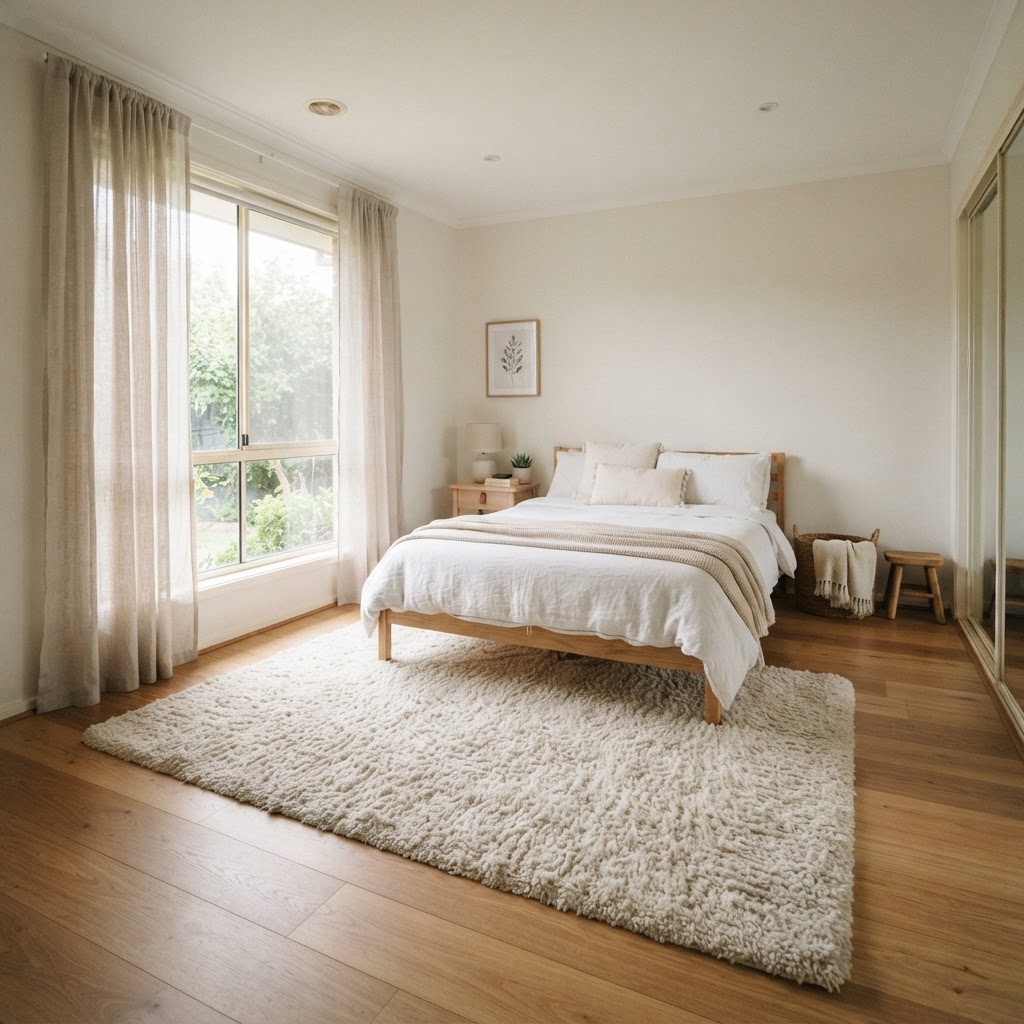 Soft, layered textures and natural light create an inviting, cozy sanctuary.
