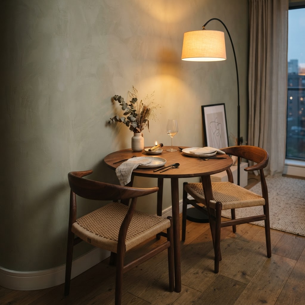 Thoughtful lighting and furniture choices create a functional and stylish dining space.