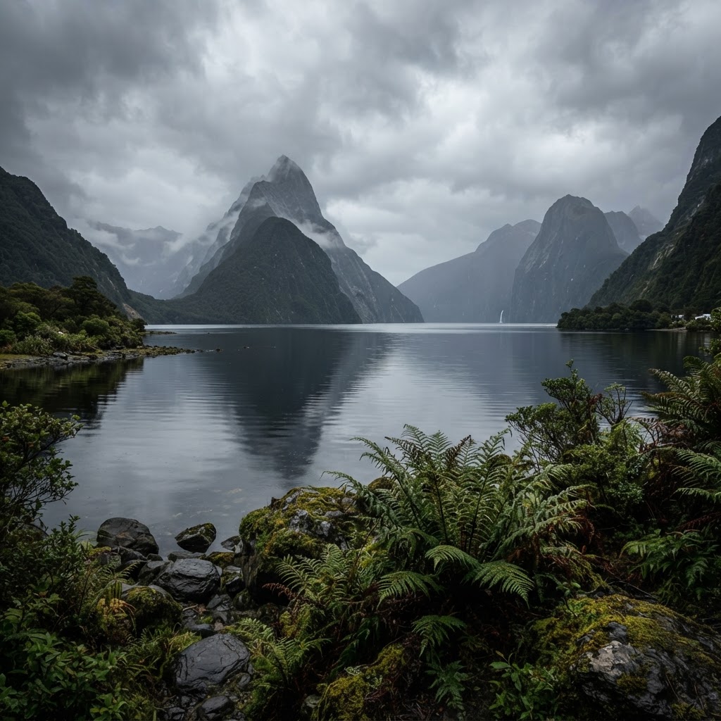 The moody, prehistoric landscape of Milford Sound, New Zealand.