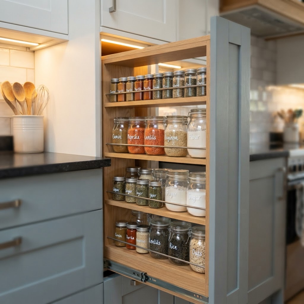 Vertical pull-out pantries are perfect for narrow spaces.