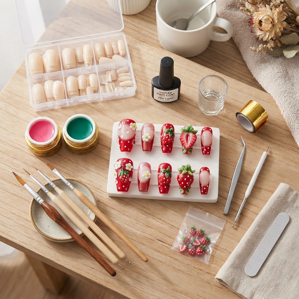 Essential tools for creating professional-quality press-on nail art at home.