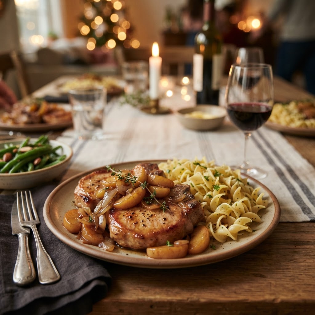 Perfectly plated pork chops with apples and egg noodles.