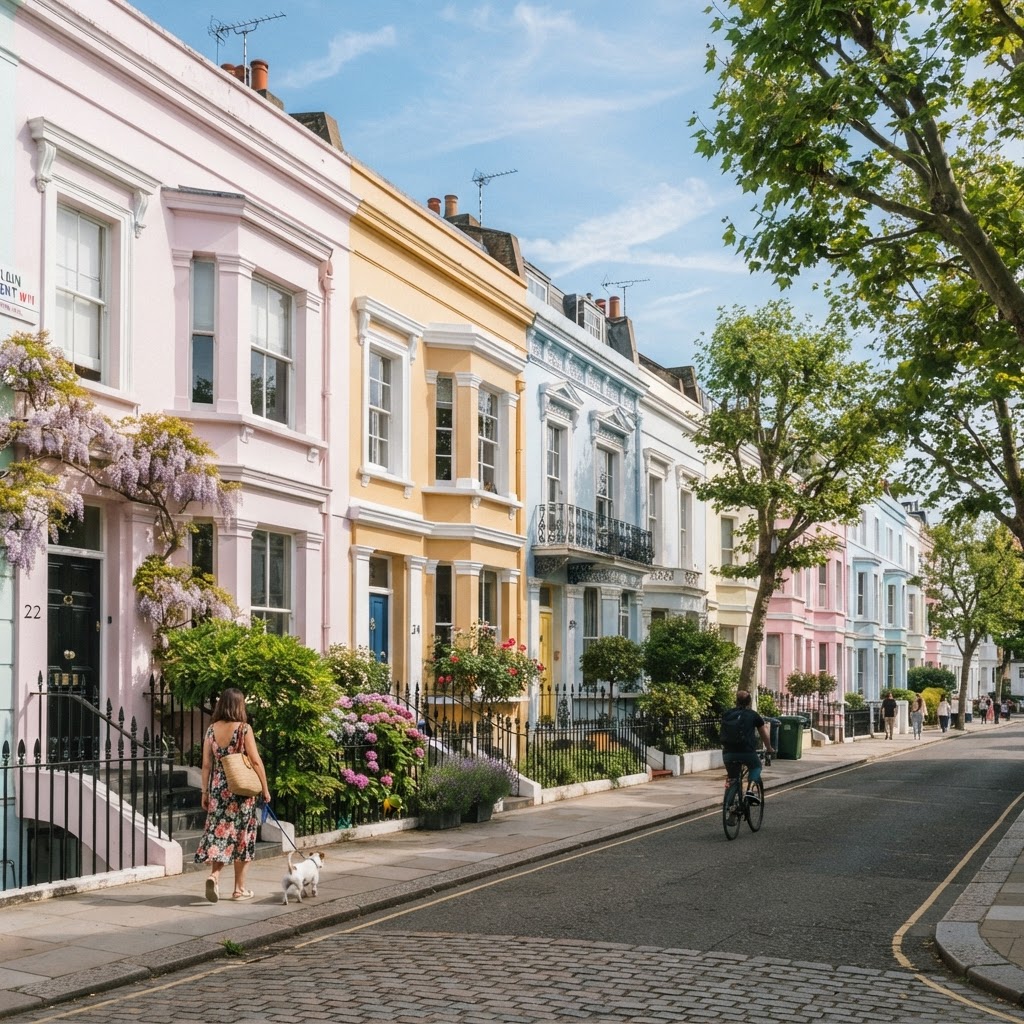 The iconic pastel-hued townhouses of Notting Hill.
